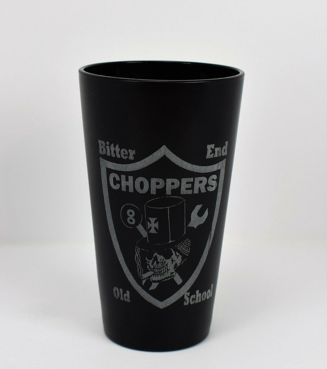 Bitter End Choppers Pirate Shield Logo Black Laser Etched Beer Glass