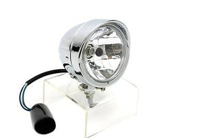 Chrome round headlamp includes a 60/55 watt H4 bulb with visor.