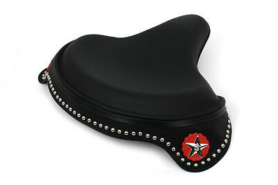 Solo black leather seat, black skirt w orange rosettes & nickel spots, FL '41-84