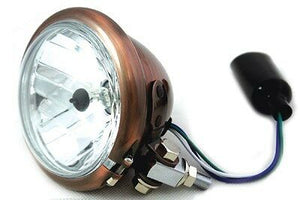 12 volt Copper 4-1/2" headlamp, 35/35 watt H3 bulb w/ socket, Bobber Motorcycles