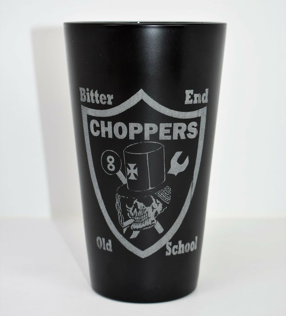Bitter End Choppers Pirate Shield Logo Black Laser Etched Beer Glass